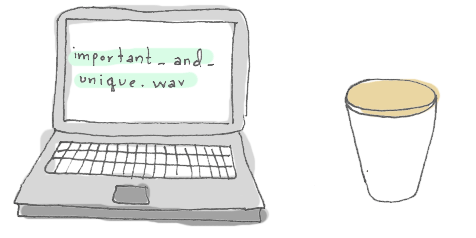 Illustrated animation gif of a laptop opened up to an important_and_unique.wav file with a coffee cup spilling all over the laptop's keyboard