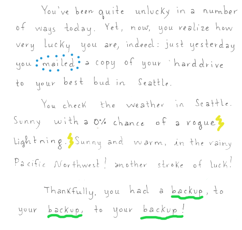 You've been quite unlucky in a number of ways today. Yet, now, you realize how very lucky you are, indeed: just yesterday you mailed a copy of your hard drive to your best bud in Seattle. You check the weather in Seattle. Sunny with a 0% chance of a rogue lightning. Sunny and warm, in the rainy Pacific Northwest! another stroke of luck! Thankfully, you had a backup to your backup, to your backup!